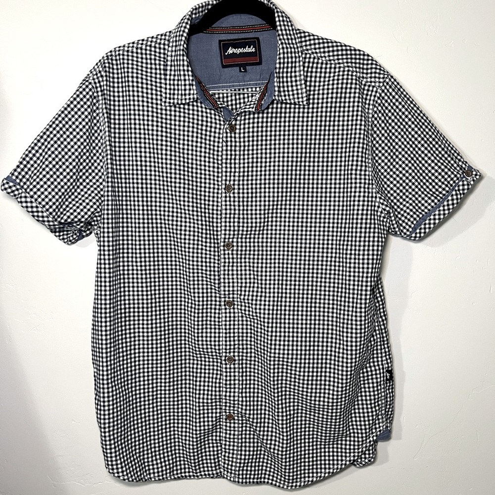 Aeropostale Button Up Shirt Men L Black White Checkered Short Sleeve A106